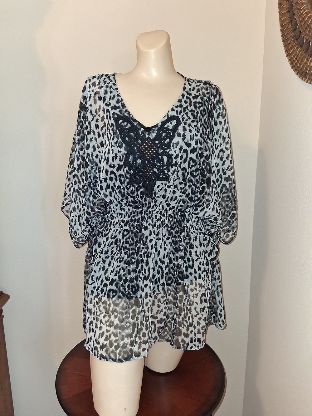 V-Neck Sheer Animal Print Tunic with Embroidered Applique - Black/White